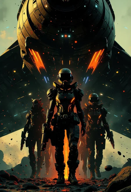 Group of futuristic space slodiers, black armor with glowing orange pulsating lights stands disembarking from futuristic spaceship. Some of them without helmets. They hold plasma rifles with intricate, neon-lined designs.