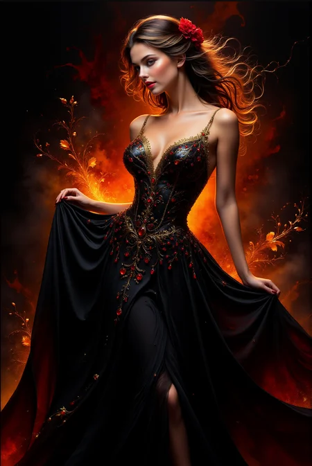 <lora:AISIL_style:1.0> AISIL style digital artwork with intricate and vibrant background.
This features a woman in a dramatic black gown adorned with intricate red and gold embellishments. The dress flows outward with rich texture and dynamic movement, while her pose emphasizes elegance, holding the edges of the gown lightly. Her hair is styled voluminously, with waves cascading around her face, accented by a red floral accessory. The background is a dark, smoky black with fiery bursts of red and glowing embers, creating an intense, dramatic atmosphere. Lighting highlights her face and the intricate details of the dress, with subtle shadows adding depth.