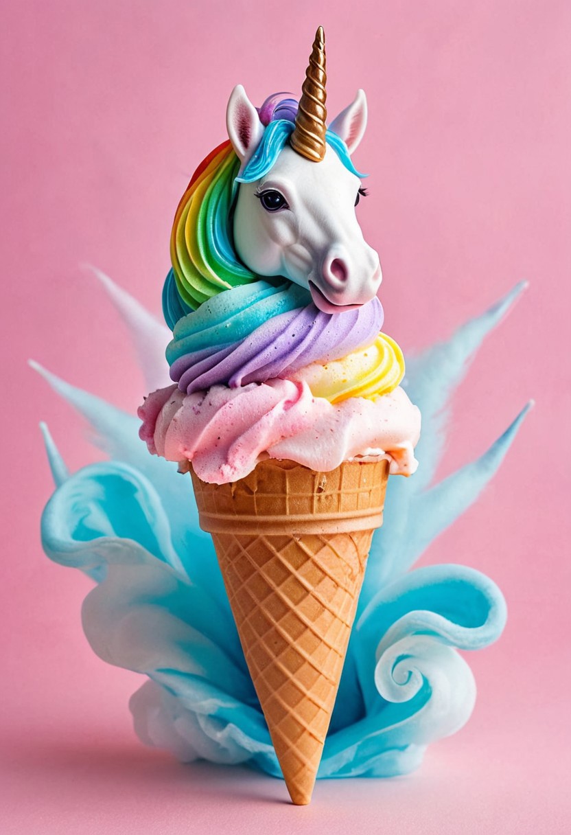 Let's bring this whimsical creature to life as a delightful fusion of an ice cream cone, a unicorn, and a burst of vibrant colors in a cute and charming manner. Picture a playful hybrid creature with a soft-serve ice cream cone as its body, swirled in pastel hues of pink, blue, and yellow, reminiscent of a sweet treat. Atop the ice cream cone sits a majestic unicorn horn, elegantly spiraled and shimmering with iridescent rainbow colors. Its eyes, big and doe-like, sparkle with a mischievous glint, while its mane flows in a cascade of cotton candy-colored strands. The creature's hooves are tiny, dainty scoops of ice cream, each a different flavor, adding a touch of delicious variety. Its tail is a fluffy cotton candy cloud that trails behind it, leaving a sugary-sweet scent in its wake. This enchanting hybrid creature exudes an aura of joy and playfulness, ready to sprinkle a dash of magic and sweetness wherever it goes.