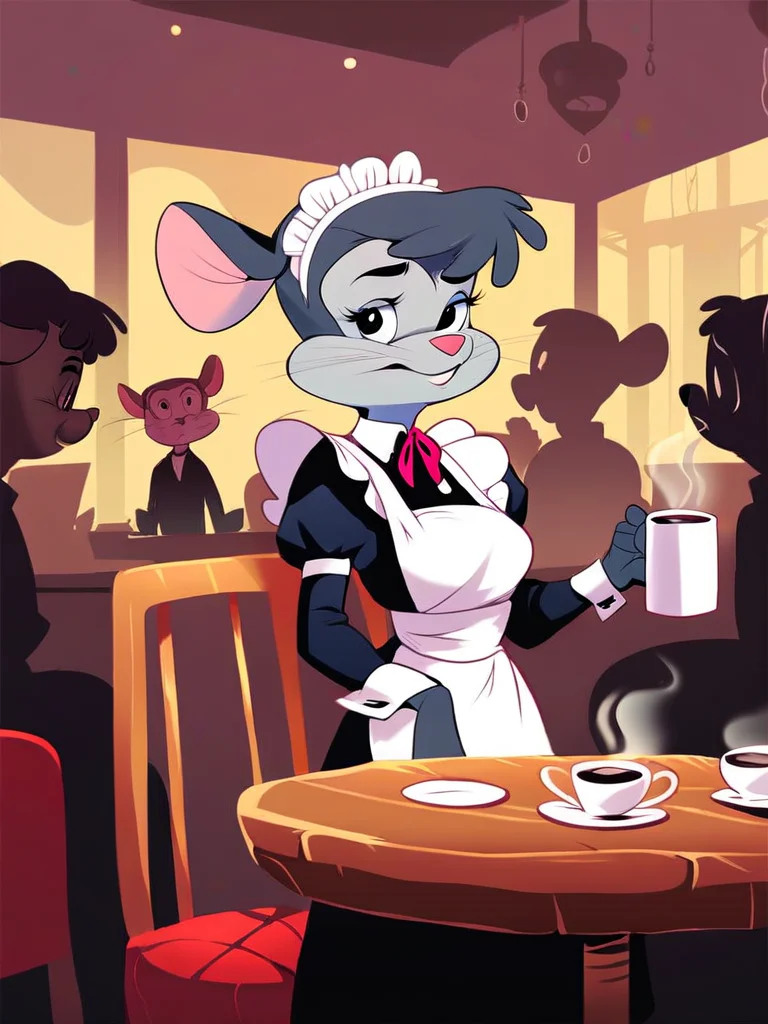score_9, score_8_up, score_7_up, score_6_up, score_5_up, score_4_up, source_furry, helen_knable, maid uniform, coffee, serving tray, table, chair, crowd, coffee mug, detailed eyes, detailed face, <lora:helenknable-v1:1>
