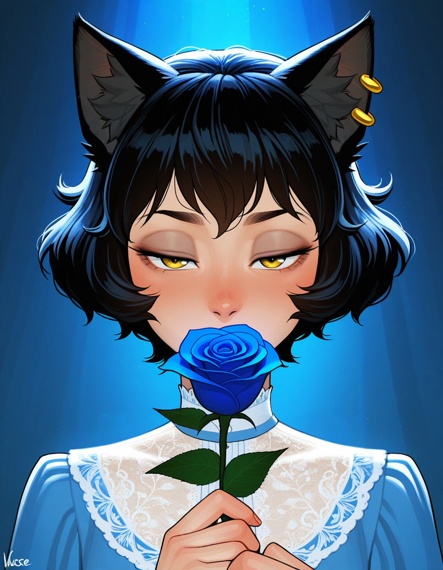incase, (masterpiece, best quality, ultra-detailed, absurdres, newest, detailed textures, correct anatomy,  very aesthetic:1), 1girl, 1girl, looking at viewer, earrings, fashionable dress, (holding the stem of a big rose), sniffing rose, brings a rose to her face, half-closed eyes, close up portrait, cinematic composition, blue theme, intricate, elegant, highly detailed, symmetry, magical atmosphere, sharp focus, majestic, very coherent, radiant, advanced, cinematic, artistic, fine detail, winning, beautiful, stunning, dramatic light, designed, rich deep colors, perfect professional background, ambient, tailored set composition, kali belladonna \(rwby\), black hair, yellow eyes, mature female, cat ears, animal ear fluff