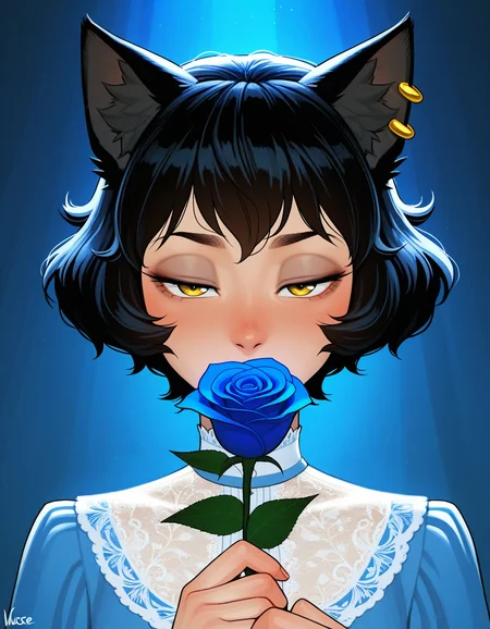 incase, (masterpiece, best quality, ultra-detailed, absurdres, newest, detailed textures, correct anatomy, very aesthetic:1), 1girl, 1girl, looking at viewer, earrings, fashionable dress, (holding the stem of a big rose), sniffing rose, brings a rose to her face, half-closed eyes, close up portrait, cinematic composition, blue theme, intricate, elegant, highly detailed, symmetry, magical atmosphere, sharp focus, majestic, very coherent, radiant, advanced, cinematic, artistic, fine detail, winning, beautiful, stunning, dramatic light, designed, rich deep colors, perfect professional background, ambient, tailored set composition, kali belladonna \(rwby\), black hair, yellow eyes, mature female, cat ears, animal ear fluff