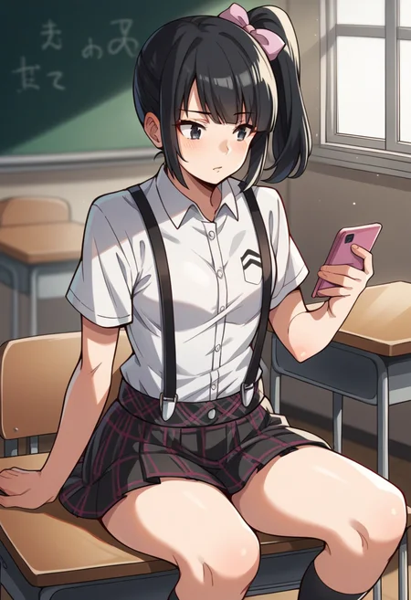 score_9, score_8_up, score_7_up, source_anime BREAK 1girl, solo,   <lora:zs_EikoXL:1> eikop5, black hair, side ponytail, ribbon, shirt, suspenders, checkered skirt, knee socks, sitting, classroom, looking at phone,