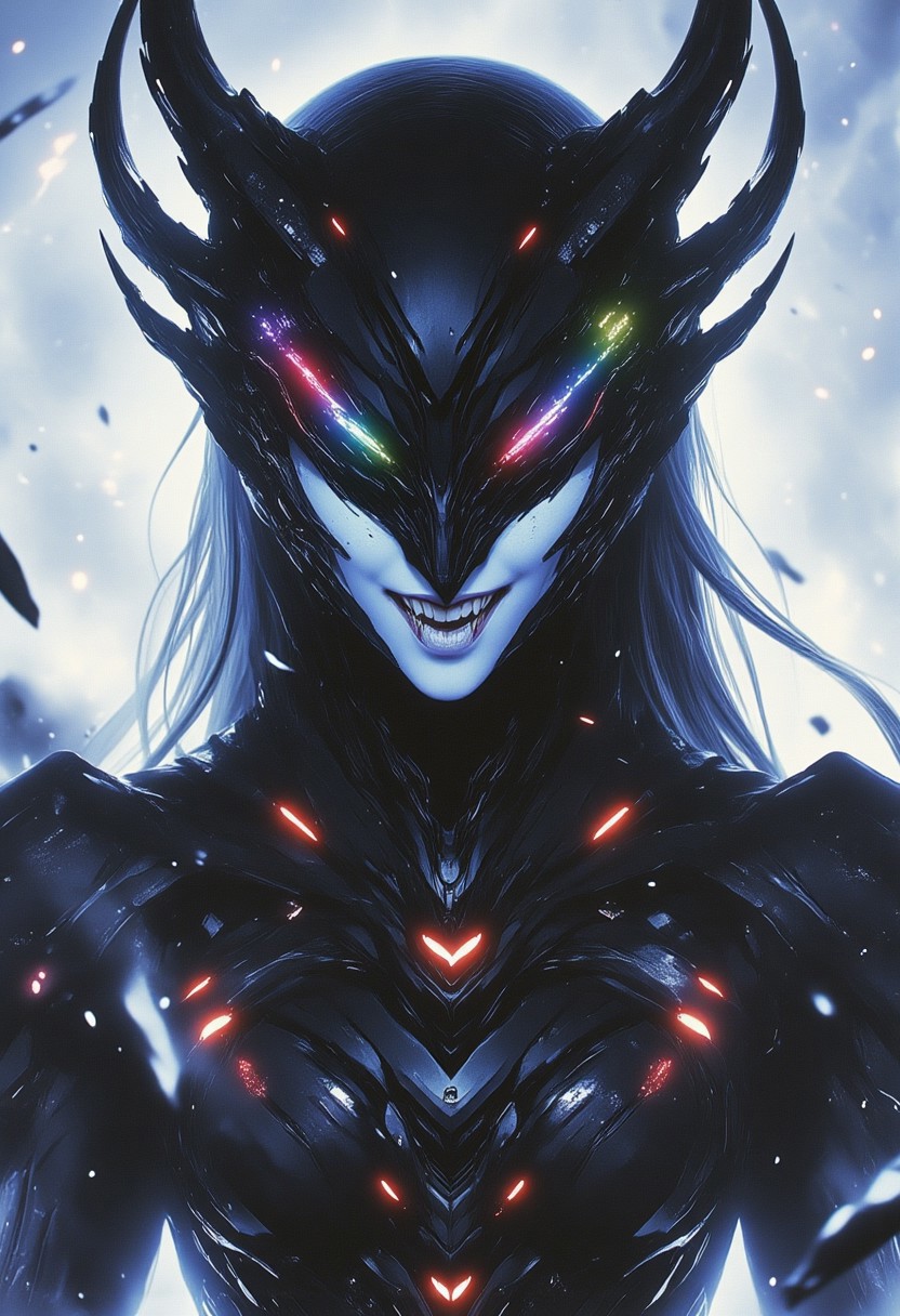 highly detailed digital illustration, abyssal, cyberpunk.
three-quarter angle. succubus wearing a futuristic elite combat armor. the large visor with colorful vibrant reflections on it partially obscure her pale blue face with pointy ears and fangs. she looks strained, as if in the middle of an exhausting physical activity. her armor is highly detailed, seems to be a mix of police and military high tech material, with matte black colors and polished red accents.
the dust and glitter around her is billowing upwards, an effect of gravity defying tech.