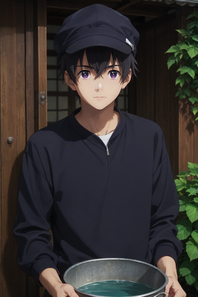 score_9, score_8_up, score_7_up, source_anime, rating_safe, , semi-realistic, looking at viewer, , 1boy, solo, male focus, <lora:ryuunosuke_minakata_pony:0.82>, ryuunosuke_minakata, black hair, purple eyes, short hair, bangs, hair between eyes, , jumper, bucket hat, <lora:sdxl_lightning_8step_lora:1>