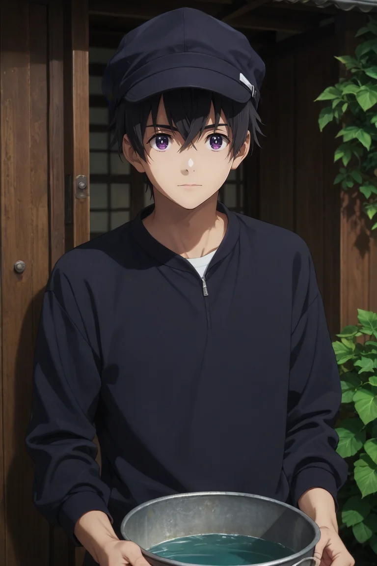 score_9, score_8_up, score_7_up, source_anime, rating_safe, , semi-realistic, looking at viewer, , 1boy, solo, male focus, <lora:ryuunosuke_minakata_pony:0.82>, ryuunosuke_minakata, black hair, purple eyes, short hair, bangs, hair between eyes, , jumper, bucket hat, <lora:sdxl_lightning_8step_lora:1>