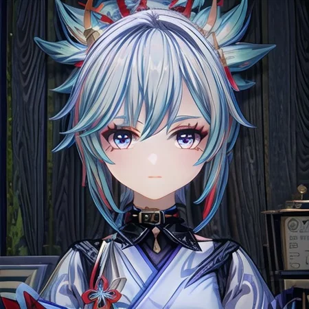 GenshinAvatar, (a girl with long light blue hair in a braided ponytail with a flower hairclip on it hair has split bangs, and blue eyes eyes,hydro character,hydro inazuma vison,wearing a blue kimono with a collar,outfit with blue charms and gems.:1.4), highly_detailed, illustration, portrait, (((masterpiece))),(((bestquality))), (black_background:1.4), simple_background, <lora:GenshinAvatarV2:1>
