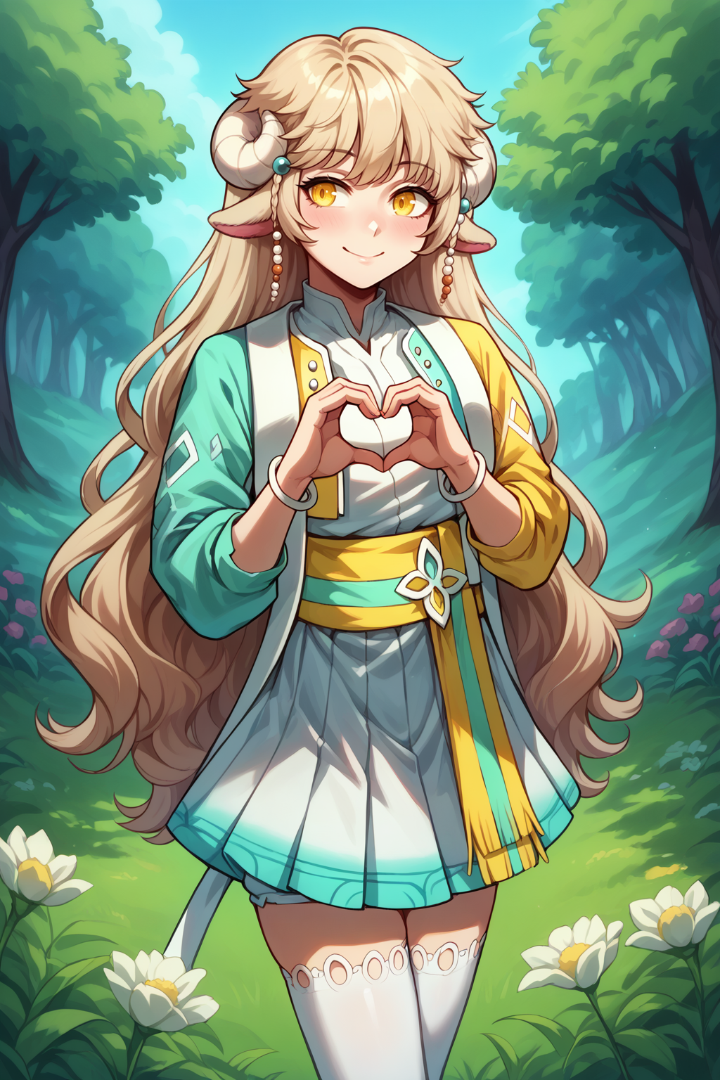 score_9, score_8_up, <lora:NSLaraMaplestory:1> NSLaraBase, blonde hair, long hair, yellow eyes, curled horns, animal ears, hair beads, multicolored clothes, white thighhighs, white bloomers, frilled dress, sash, open jacket, two-tone jacket, cropped jacket, long sleeves, mismatched sleeves, bracelet, outdoors, cowboy shot, smile, heart hands