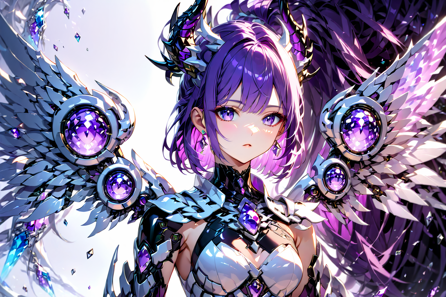 Jed-rbt, Dragon girl, 1girl, two side up, diagonal bangs, colored inner hair,  dragon horn, hair ornament, purple gemstone, amethysts, crystal wings, chest jewel, (Depth of field hdr 8k 4k wallpaper cinematic angle, cinematic lighting:1.2), [(white background:1.2)::0.2], (solid background:1.4), newest, highres, illustration, incredibly absurdres, ultra detailed, masterpiece, best quality, [<lora:detailed_notrigger:0.95>::0.5], [:<lora:loraeyesxl:1.05>:0.5], <lora:aesthetic_anime_v1s:1.2> <lora:RoboStyle:1>