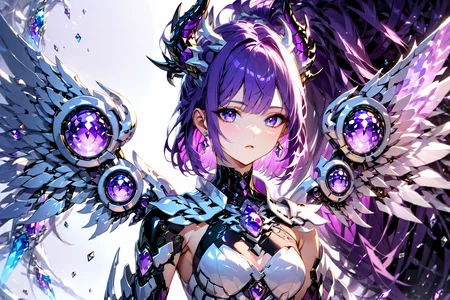 Jed-rbt, Dragon girl, 1girl, two side up, diagonal bangs, colored inner hair,  dragon horn, hair ornament, purple gemstone, amethysts, crystal wings, chest jewel, (Depth of field hdr 8k 4k wallpaper cinematic angle, cinematic lighting:1.2), [(white background:1.2)::0.2], (solid background:1.4), newest, highres, illustration, incredibly absurdres, ultra detailed, masterpiece, best quality, [<lora:detailed_notrigger:0.95>::0.5], [:<lora:loraeyesxl:1.05>:0.5], <lora:aesthetic_anime_v1s:1.2> <lora:RoboStyle:1>