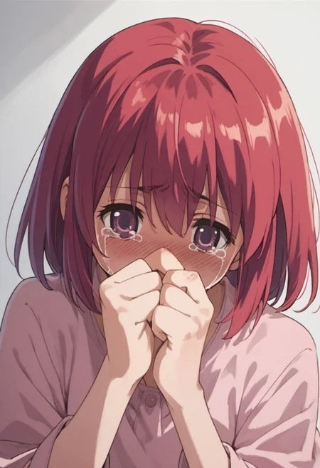 score_9, score_8_up, score_7_up, source_anime,kushieda minori, red hair, short hair, purple eyes, 1girl, tears, solo, crying, sad, blush, anime coloring, covering mouth