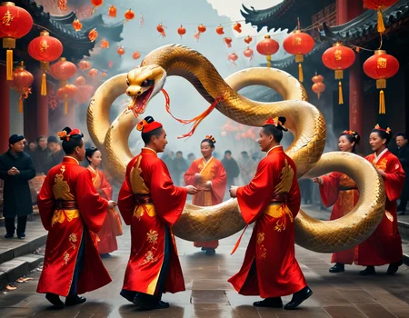 In the magic of the Chinese New Year 2025, the Year of the Snake emerges in splendor. The streets are adorned with golden streamers, symbols of wisdom and renewal. Dancers in shimmering costumes weave to the beat of drums, while incense fills the air. Families exchange red envelopes, hoping for luck and prosperity, celebrating a radiant future together