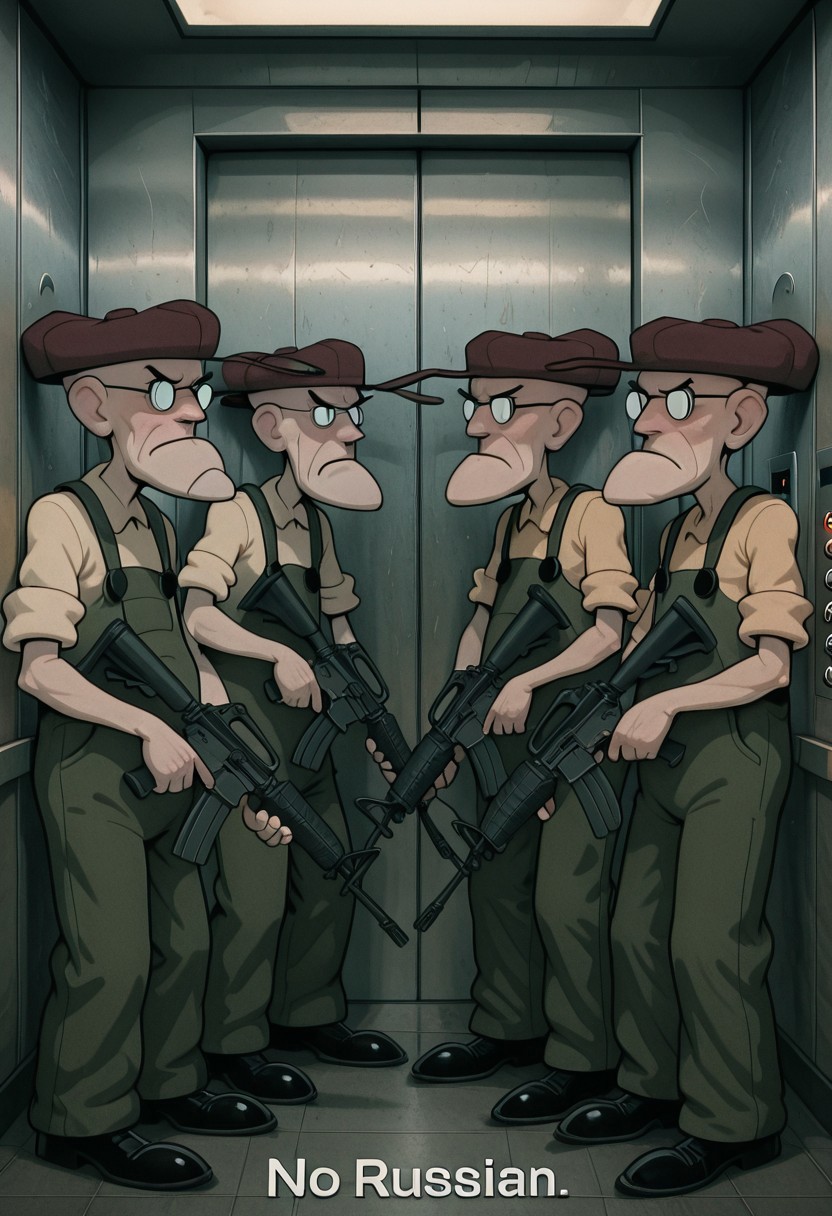 embedding:IllusP0s, no russian, elevator, holding weapon, assault rifle, 4boys, Eustace, Bagge, pointy chin, Green overalls, yellow shirt, hat, glasses, grumpy expression,