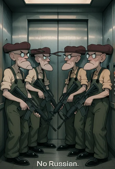 embedding:IllusP0s, no russian, elevator, holding weapon, assault rifle, 4boys, Eustace, Bagge, pointy chin, Green overalls, yellow shirt, hat, glasses, grumpy expression,