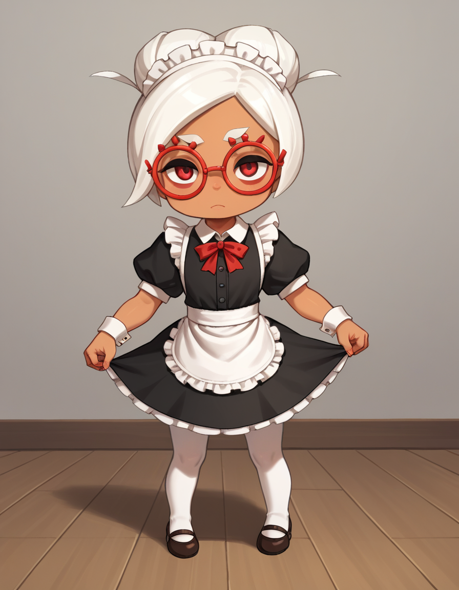 zPDXL, score_9, score_8_up, score_7_up, source_anime, 1girl, solo,
 <lora:LilPurah_v1.2:0.8> purah, sheikah, white hair, dark-skinned female, child, thick eyebrows, red eyes, red-framed eyewear, hair bun, (maid-outfit, white-pantyhose, mary-janes, maid-headdress, maid-apron),
