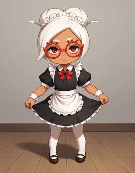 zPDXL, score_9, score_8_up, score_7_up, source_anime, 1girl, solo,
<lora:LilPurah_v1.2:0.8> purah, sheikah, white hair, dark-skinned female, child, thick eyebrows, red eyes, red-framed eyewear, hair bun, (maid-outfit, white-pantyhose, mary-janes, maid-headdress, maid-apron),
