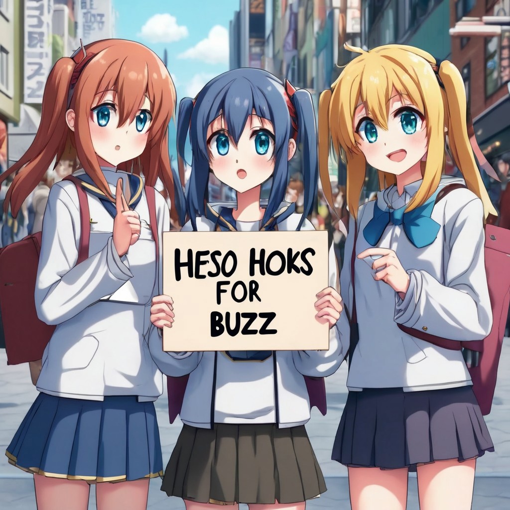 Anime girls, holding sign, asking for buzz
