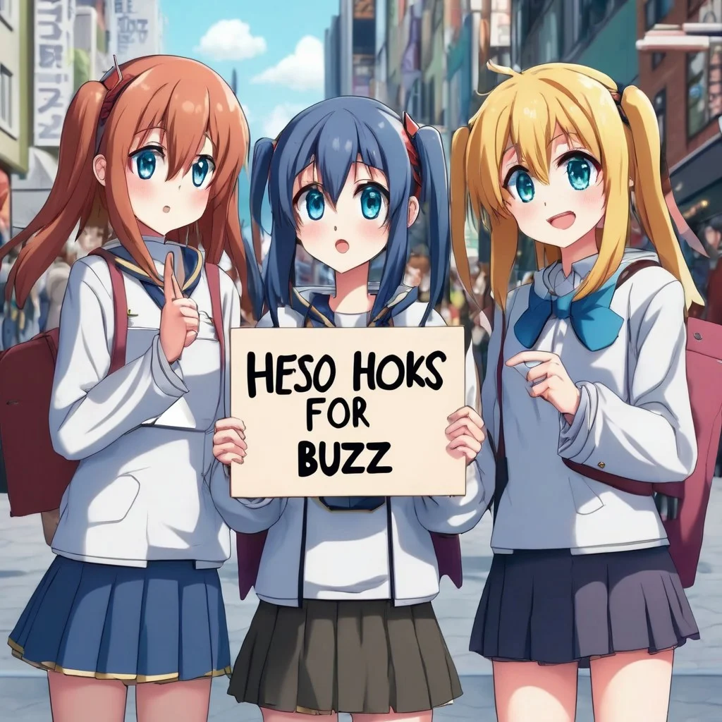 Anime girls, holding sign, asking for buzz