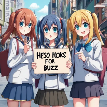 Anime girls, holding sign, asking for buzz