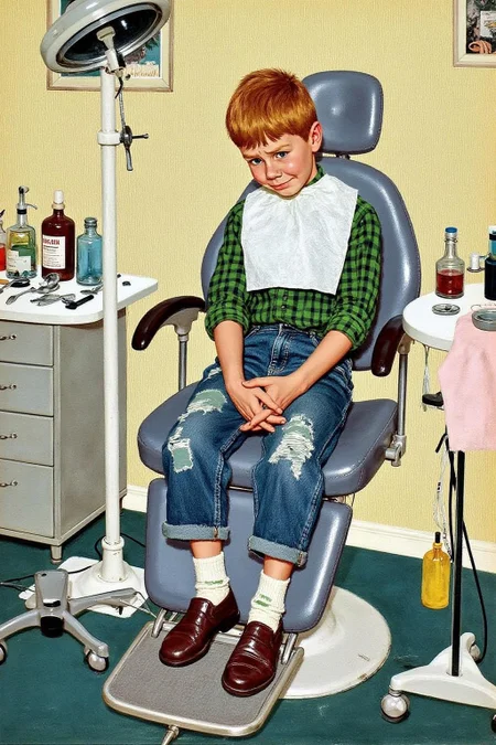 kard1 illustration
A humorous vintage-style illustration of a young red-haired boy nervously sitting in an old-fashioned dentist's chair. The boy is wearing a green plaid shirt, patched blue jeans, and mismatched socks, with a paper bib around his neck. The dental tools and equipment, including jars and instruments, surround him in a cluttered, realistic 1950s dental office setting. The expression on the boy's face conveys a mix of apprehension and curiosity, with exaggerated cartoon-like features.
<lora:kard1_cap_d6a3:1.0><lora:816538532395935945:0>
