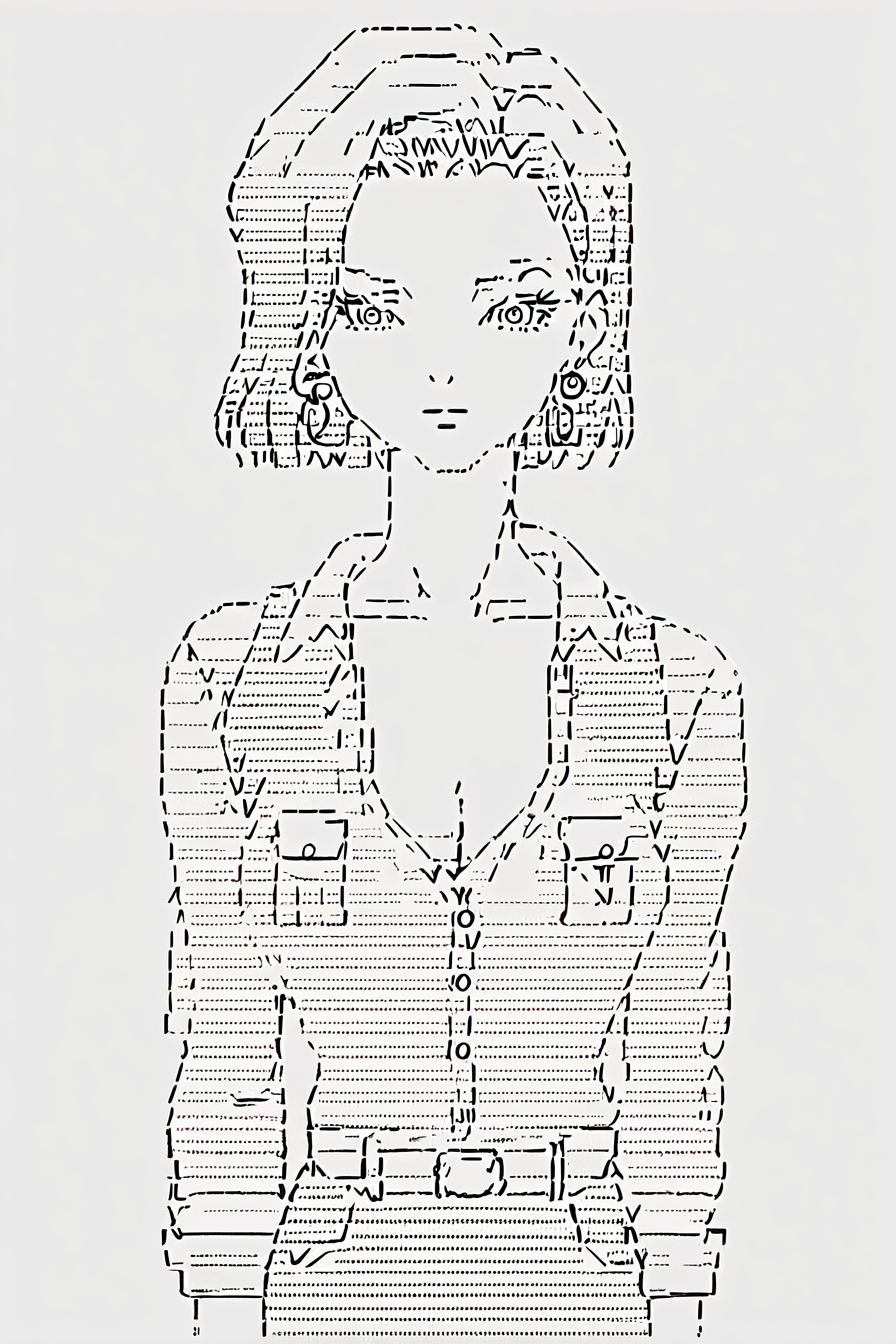 score_9, score_8_up, score_7_up, score_6_up, score_5_up, score_4_up,  <lora:android-18-ponyxl-lora-nochekaiser:0.8> ,android 18, eyelashes, hoop earrings, short hair, earrings, belt, legwear, shirt, breast pocket, cleavage, collarbone, jewelry, long sleeves, pocket, shirt, shirt tucked in, 1girl, <lora:ascii_character:1>,  ascii_art_style, monochrome, greyscale, masterpiece, highres, white background, simple background