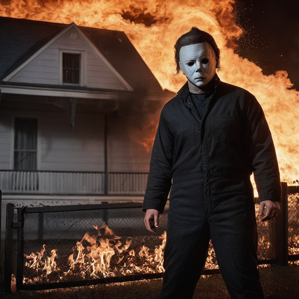 Horror-themed,  <lora:Michael Myers:1>
Michael Myers a man standing in front of a fire burning a house,Halloween style,solo,short hair,long sleeves,1boy,holding,standing,jacket,monochrome,male focus,outdoors,pants,watermark,formal,suit,fire,building,city,fence,cityscape,explosion,chain-link fence,orange theme,burning , realistic, sharp, detailed, classic, 1970's, horror, photography, artistic, perfect knife, crazy, Eerie, unsettling, dark, spooky, suspenseful, grim, highly detailed
