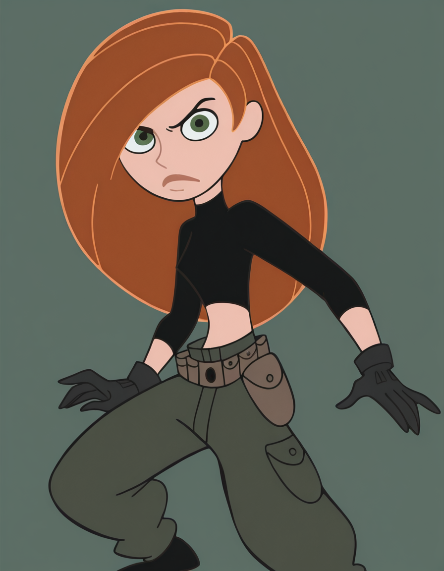 kim <lora:KimPossibleIllustrious2.0JLFO:1.0> KimP, 1girl, solo, black turtleneck, long hair, midriff, green eyes, black gloves, green pants, orange hair, black footwear,belt,pouch, looking at viewer, cowboy shot, masterpiece,best quality,amazing quality,very aesthetic,absurdres,newest,simple background, masterpiece, best quality, amazing quality, very aesthetic, absurdres
