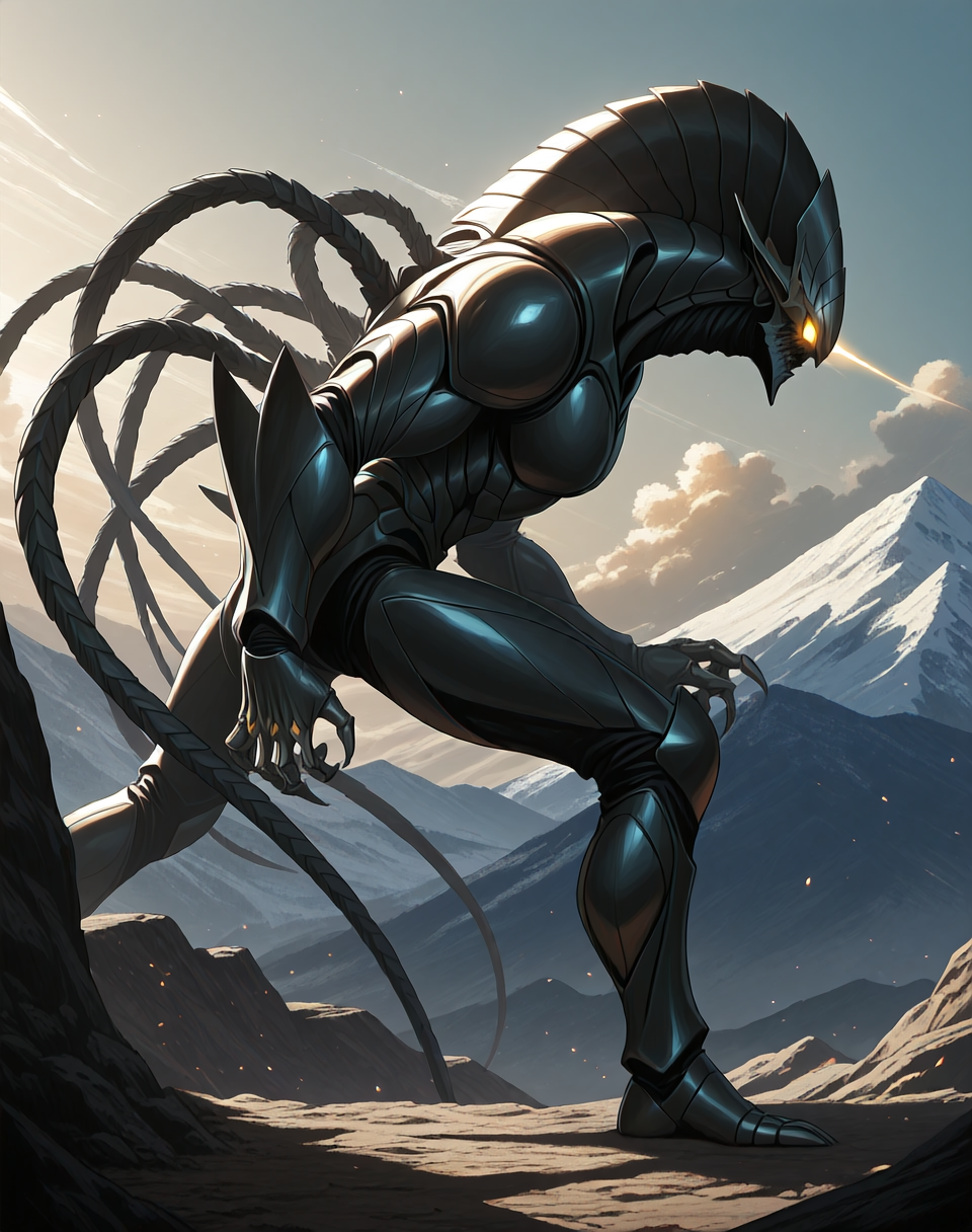 score_9, score_8_up, score_7_up,
<lora:Hyper_Zoanoid_(Guyver)_(Illustrious)_(AD):1> Hyper Zoanoid, Guyver, monster, 
exterior, science fiction, mountains, city skyline, sky with anime clouds,
cowboy shot, bent knee, dynamic action, side view, 
gold and silver colored body, glowing eyes, dominating, powerful, solo, stocky, bulky, tall, long legs, 
BREAK Smooth Quality, IllusP0s, lazyhand, lazympos, lazynsfw,
