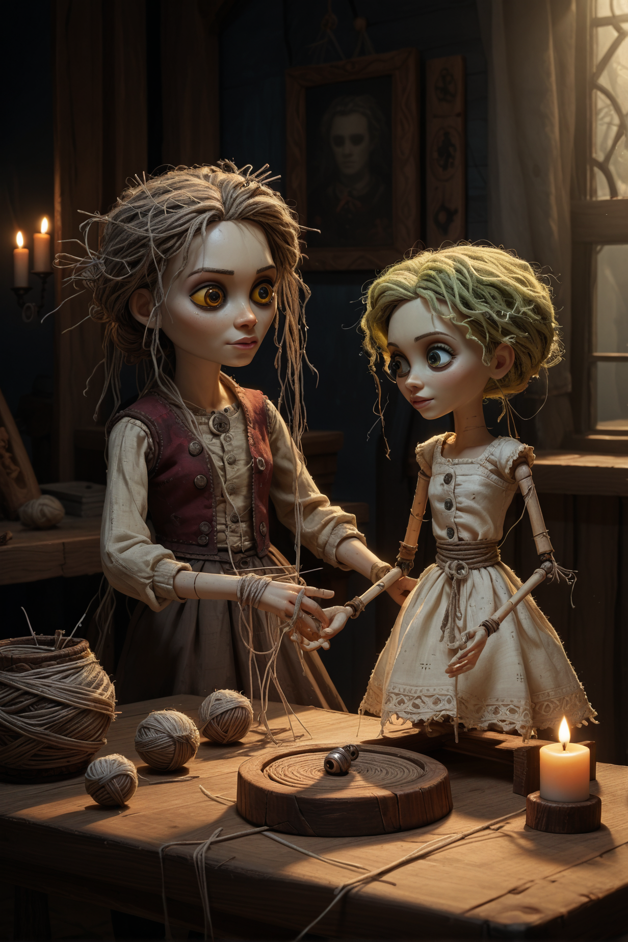 score_9, score_8_up, score_7_up, score_6_up, Doll Whisper, worn fabric, button eyes, tangled yarn arms, small silver bell, misty background, needles in torso, eerie glow, ancient wooden table, soft candlelight, shadows dancing