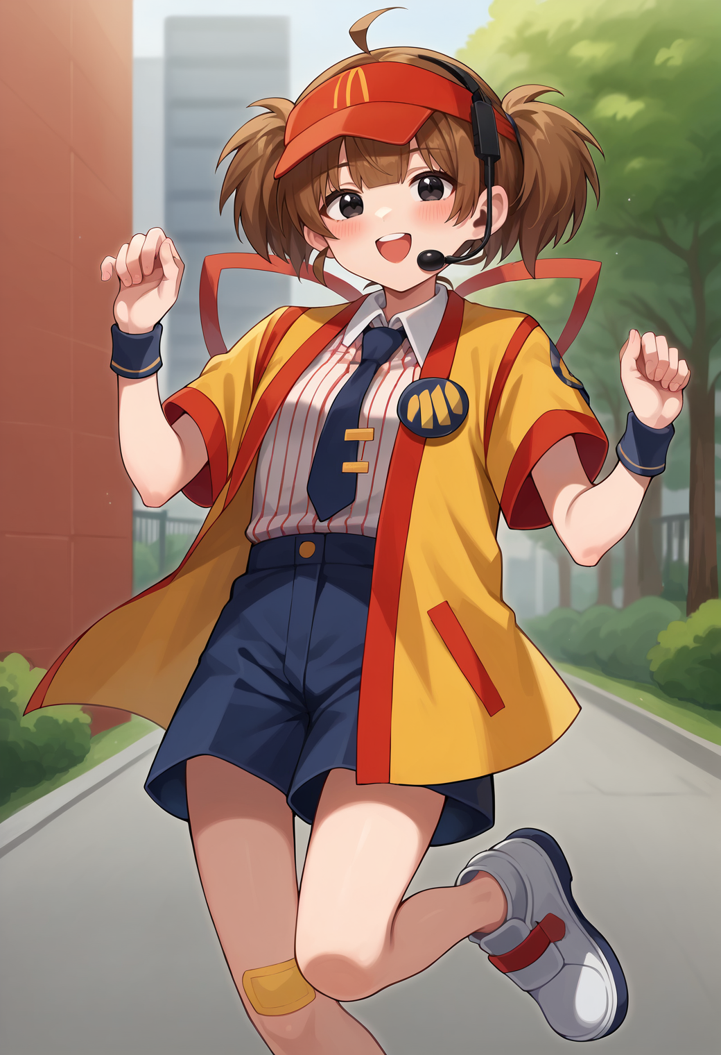 score_9, score_7_up, hd, (ultra hd quality details), source_anime, outdoors,
1girl, solo, dctabemi, brown hair, short twintails, ahoge, black eyes,
visor cap, headset, jacket, open jacket, short sleeves, necktie, white shirt, striped shirt, collared shirt, blue shorts, wristband, bandaid on knee, 
looking at viewer, blush, smug, upper teeth only, 
jumping, shoes,
 <lora:_dabuchi_tabemi-elesico-pony-000009:1>