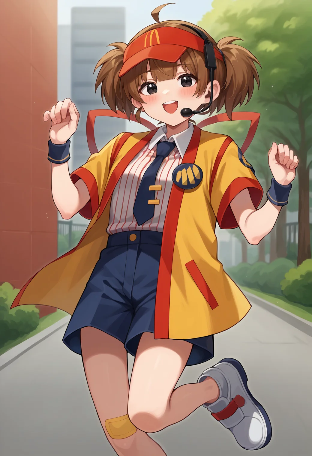 score_9, score_7_up, hd, (ultra hd quality details), source_anime, outdoors,
1girl, solo, dctabemi, brown hair, short twintails, ahoge, black eyes,
visor cap, headset, jacket, open jacket, short sleeves, necktie, white shirt, striped shirt, collared shirt, blue shorts, wristband, bandaid on knee,
looking at viewer, blush, smug, upper teeth only,
jumping, shoes,
<lora:_dabuchi_tabemi-elesico-pony-000009:1>