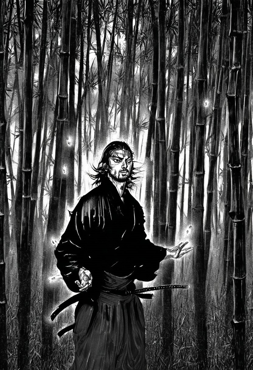 Vagabond, three-quarter view of Miyamoto Musashi in a bamboo grove at dusk, turning toward viewer, hands mid-air, fingers wide, fireflies glowing faintly.