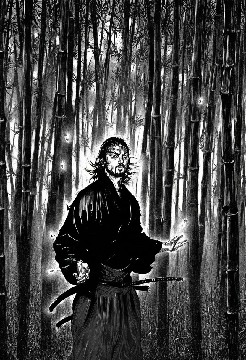 Vagabond, three-quarter view of Miyamoto Musashi in a bamboo grove at dusk, turning toward viewer, hands mid-air, fingers wide, fireflies glowing faintly.