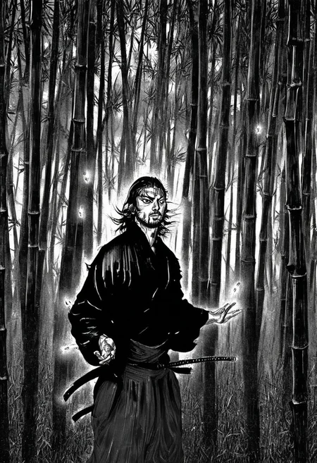 Vagabond, three-quarter view of Miyamoto Musashi in a bamboo grove at dusk, turning toward viewer, hands mid-air, fingers wide, fireflies glowing faintly.