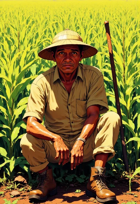 An elderly male farmer sits cross-legged on the ground directly in front of lush rice paddies that stretch toward the horizon. His deeply wrinkled face tells the story of decades working under the tropical sun, with leathery skin creased by time and weather. His eyes, though tired, reflect wisdom and a profound connection to the land he has tended all his life. He wears a traditional conical bamboo hat (caping) that casts subtle shadows across his weathered features while protecting him from the intense sunlight above.
His attire is humble but practical - a plain, well-worn short-sleeve shirt with sweat stains around the collar, simple loose-fitting pants rolled up slightly at the ankles, and sturdy rubber boots caked with layers of dried mud from countless hours in the fields. The color of his clothing has faded from years of sun exposure and washing.
The farmer rests a wooden-handled hoe against his right shoulder, his calloused hand gripping it with the practiced ease of someone who has wielded this tool his entire life. His posture shows both weariness and quiet dignity. Behind him, the meticulously arranged rice plants stand in perfect rows, their vibrant green contrasting with the rich brown earth. The golden afternoon light bathes the scene, highlighting the textures of the paddies and the farmer's sun-baked skin. anime