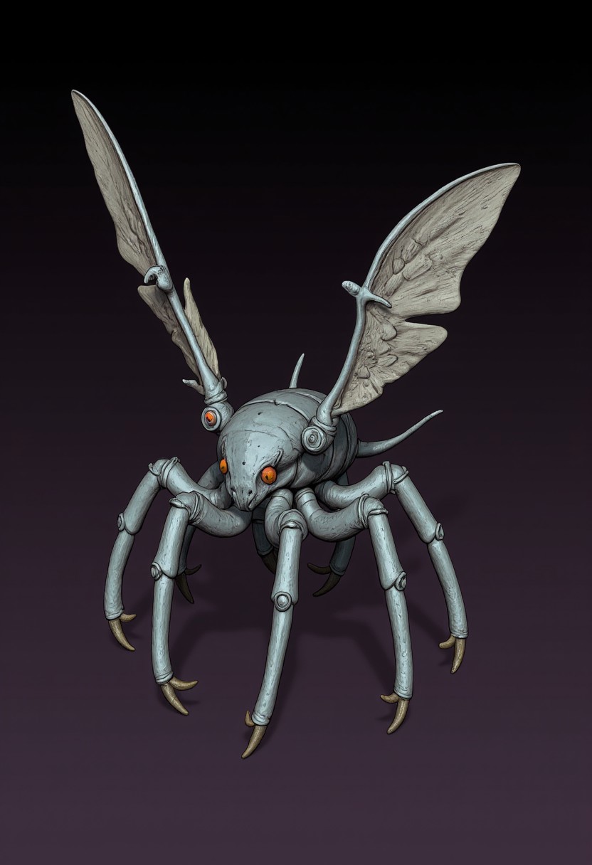 Set against a solid dark color background to emphasize its unsettling unnatural form that emphasizes its silhouette. The medium is not a traditional painting or illustrative medium like watercolor or ink but rather a digital 3D rendering.
Fire-breathing insects with three pairs of legs and two pairs of what seem to be arms. Even though they also have wings, cragspiders don't seem to be able to fly properly. Instead, they use them to hover in the air for a short while before landing again.
zbrush, ff-comic, MikeFranchinastyle, d4artstyle, d4concept, , bbstyle, horror theme,, ZBClay model of a gray sculpture