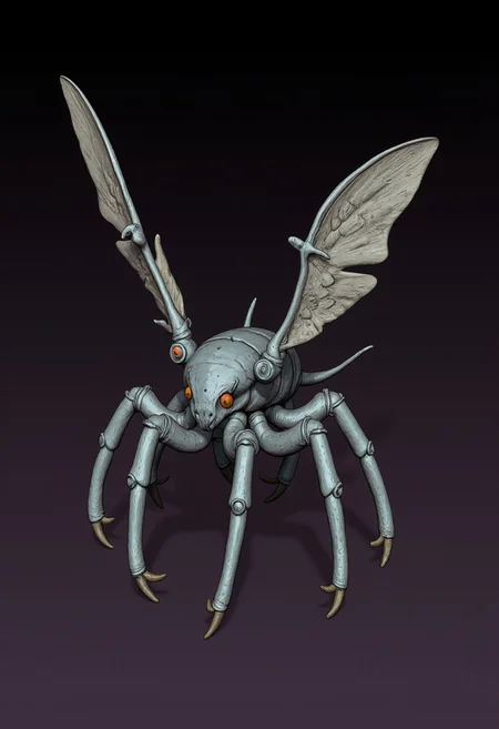Set against a solid dark color background to emphasize its unsettling unnatural form that emphasizes its silhouette. The medium is not a traditional painting or illustrative medium like watercolor or ink but rather a digital 3D rendering.
Fire-breathing insects with three pairs of legs and two pairs of what seem to be arms. Even though they also have wings, cragspiders don't seem to be able to fly properly. Instead, they use them to hover in the air for a short while before landing again.
zbrush, ff-comic, MikeFranchinastyle, d4artstyle, d4concept, , bbstyle, horror theme,, ZBClay model of a gray sculpture