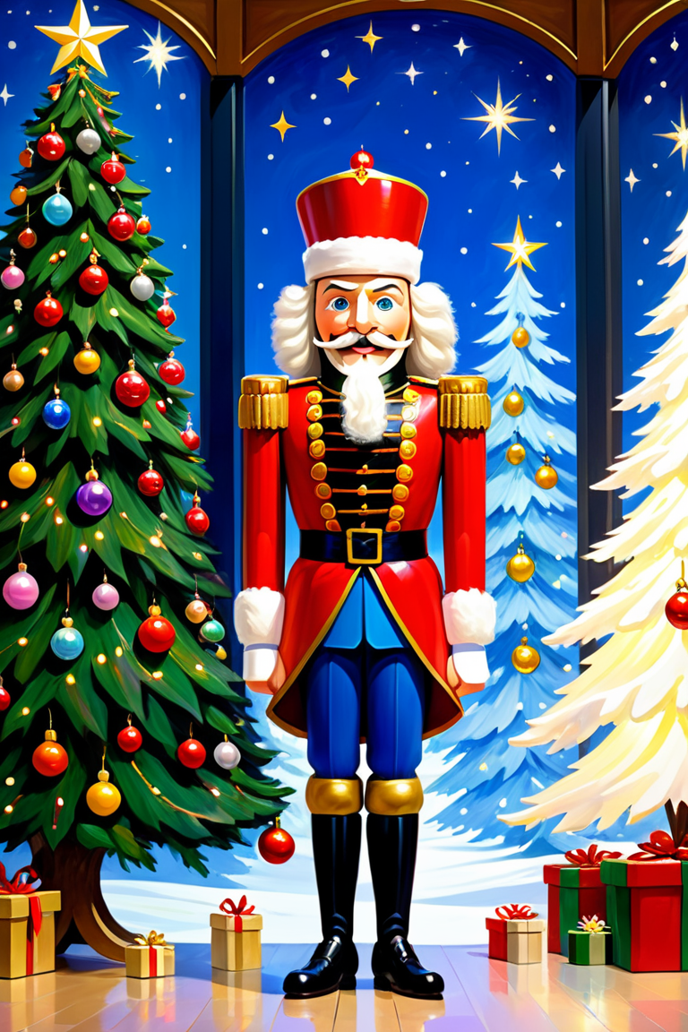 christmas tree art, the nutcracker, , reflective and grateful,cheerful and lively,full of anticipation and excitement, candles, visiting santa claus at the local mall