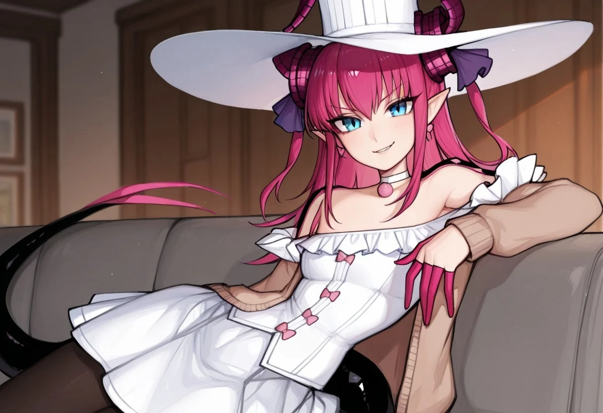 (masterpiece:0.7), Elizabeth Bathory, sitting on couch, content smirk at viewer, pink hair, long hair, two side up, curled horns, pointy ears, blue eyes, dragon tail, hair ribbon, grey couch. safe, leaning against arm rest, solo, house background, white hat, choker, off-shoulder dress, white dress, black pantyhose, brown cardigan, lizfirst, matilda fiship