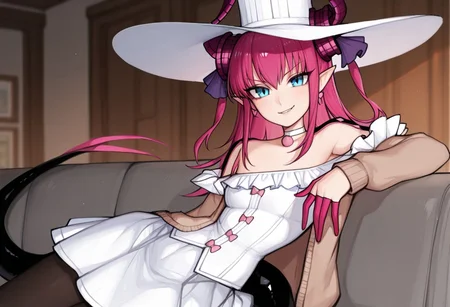 (masterpiece:0.7), Elizabeth Bathory, sitting on couch, content smirk at viewer, pink hair, long hair, two side up, curled horns, pointy ears, blue eyes, dragon tail, hair ribbon, grey couch. safe, leaning against arm rest, solo,  house background, white hat, choker, off-shoulder dress, white dress, black pantyhose, brown cardigan, lizfirst, matilda fiship