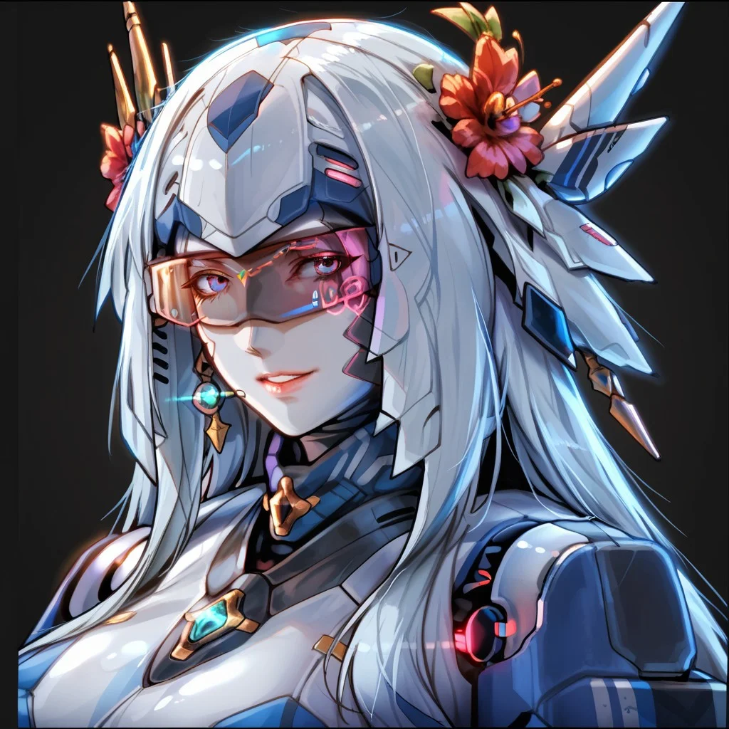 uaf-character, |||, breasts, humanoid robot, mecha musume, medium breasts, silver hair ornament, uaf_neuko, upper body, glowing, android, visor, smile, black border, uaf-portrait, robot girl, robot, uaf_redblue_backlight, parted lips, solo, uaf_red_blue_ilumination, helmet, simple background, 1girl, 80swa, Expressiveh, score_9,score_8_up,score_7_up, 20 years old, 8k, hd, beautiful korean girl, , ultra realistic, hyper realistic, detailed face, natural huge breasts, beautiful woman's face, <LoRA: uafPortraits-000110>, <LoRA: uaf Wt: 1>, pureerosface_v1, (PureErosFace_V1:0.8)