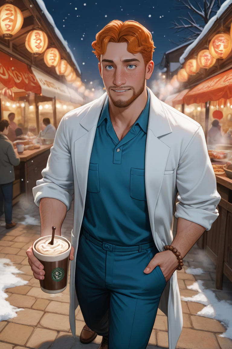 expressive manly face, shadow, dynamic angle, intricately detailed, depth of field, masterpiece, best quality, amazing quality, very aesthetic, absurdres, newest, very awa, 1boy, make focus, solo,coralcharles,orange hair,short hair,blue eyes,facial hair,freckles,wintercharles, lab coat, blue scrubs, blue pants, brown shoes, beads bracelet, outdoors, winter, snow, night market, drinking hot chocolate, steaming, 