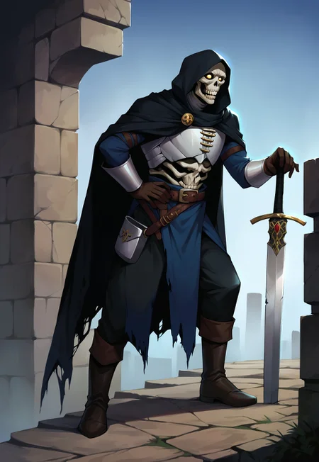 safe_pos, score_9, score_8_up, score_7_up, BREAK, source_anime, zPDXL3, NEGATIVE_HANDS, pathfinder portrait, undead, skeleton, death knight, black, armor, hood, belt, gloves, boots, cape, one-hand-hilt, hand on hilt, holding sword, planted sword, horror, ruins, aura, emphasized-details