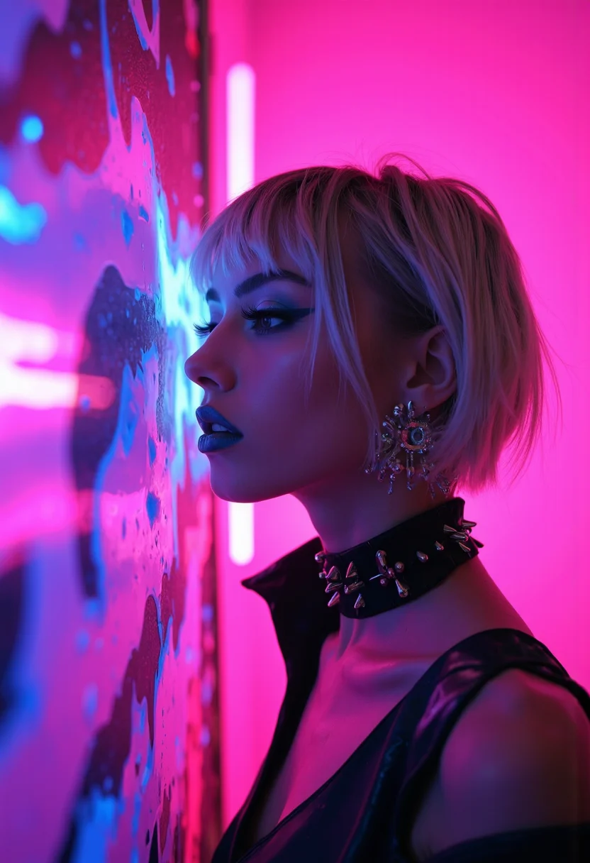neon noir A photographic blend of two images:
1) A stylized portrait of a young woman with striking makeup, including black eyeliner, dramatic dark lips, and smoky gray eyeshadow, contrasted against a vibrant pink background. Her hair is dyed in shades of silver, giving her an edgy, futuristic look. She wears a black choker adorned with spikes and sports a pair of statement earrings. Her gaze exudes confidence and her expression is one of intense focus.
2) An artistic rendering of a neon-lit abstract surface that appears to be in motion or melting, creating a dynamic visual effect. The colors are bright and saturated, with the dominant hues being pink, purple, and blue, which together form a gradient background.
Combining these two images into one creates a photorealistic, high-resolution image that seamlessly transitions from a realistic portrait to an abstract neon dreamscape. The composition is balanced, with the subject on the left side providing a strong focal point against the more abstract and colorful background. Depth of field blurs the subject's body to focus on her face, while the background remains in sharp detail to draw attention to its vibrant energy.
The lighting is dramatic, with a soft, diffused light source creating gentle shadows on the subject and enhancing the neon effect in the abstract section. The mood of the image is surreal and dreamlike, invoking feelings of freedom, self-expression, and the blending of reality with imagination. . cyberpunk, dark, rainy streets, neon signs, high contrast, low light, vibrant, highly detailed