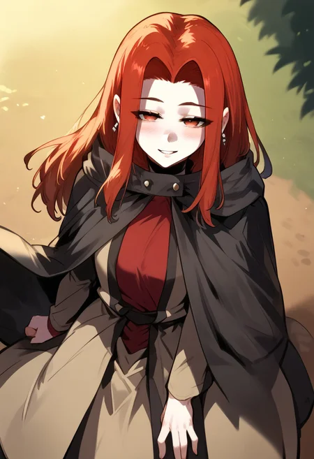 zPDXL3, score_9_up, score_8_up, score_7_up, (Anime_source), 1girl, ValeriaHister, red eyes, res hair, long hair, Valeria clothes, parted lips, smile, closed mouth, little blush, half closed eyes, looking at viewer, from above