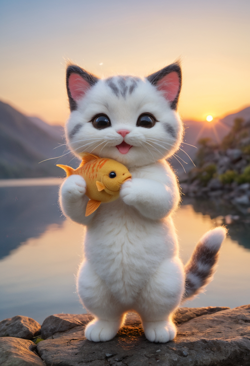a small, simple, cuddly felt fat kitten holding a fish in its tiny hands, gazing directly into the camera with a joyful smile. The scene is so sweet that it melts even the toughest hearts. Describe the loving atmosphere created by the combination of felt, smiles, and hearts diring a beautiful sunrise <lora:WildcardX-XL-Detail-Enhancer:1>