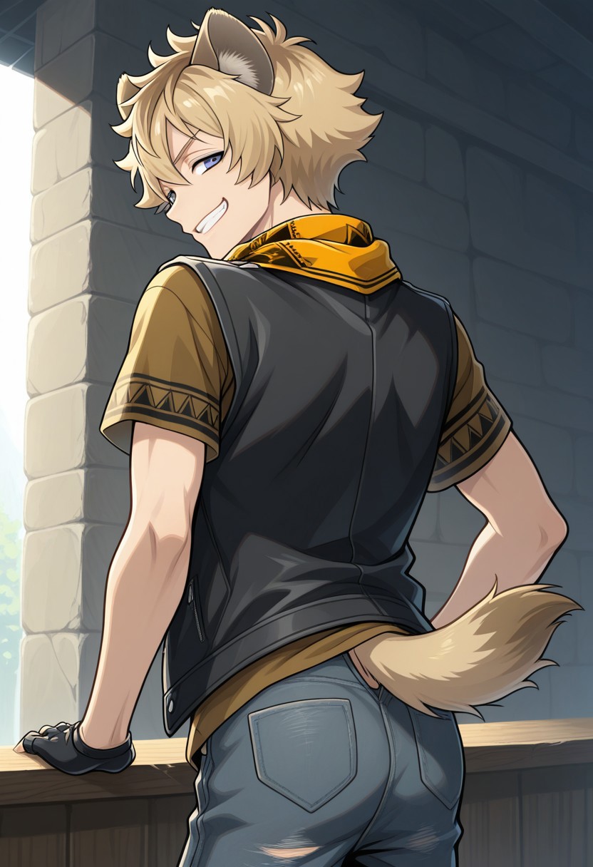 masterpiece,best quality,amazing quality, source_anime,
RuggieBucchi, 1boy, animal ears, male focus, smile, solo, blue eyes, looking at viewer, looking back, from behind, grin, blonde hair, dorm uniform, neckerchief, shirt, brown shirt, short sleeves, jacket, cropped jacket, sleeveless jacket, gloves, black gloves, fingerless gloves, denim, tail