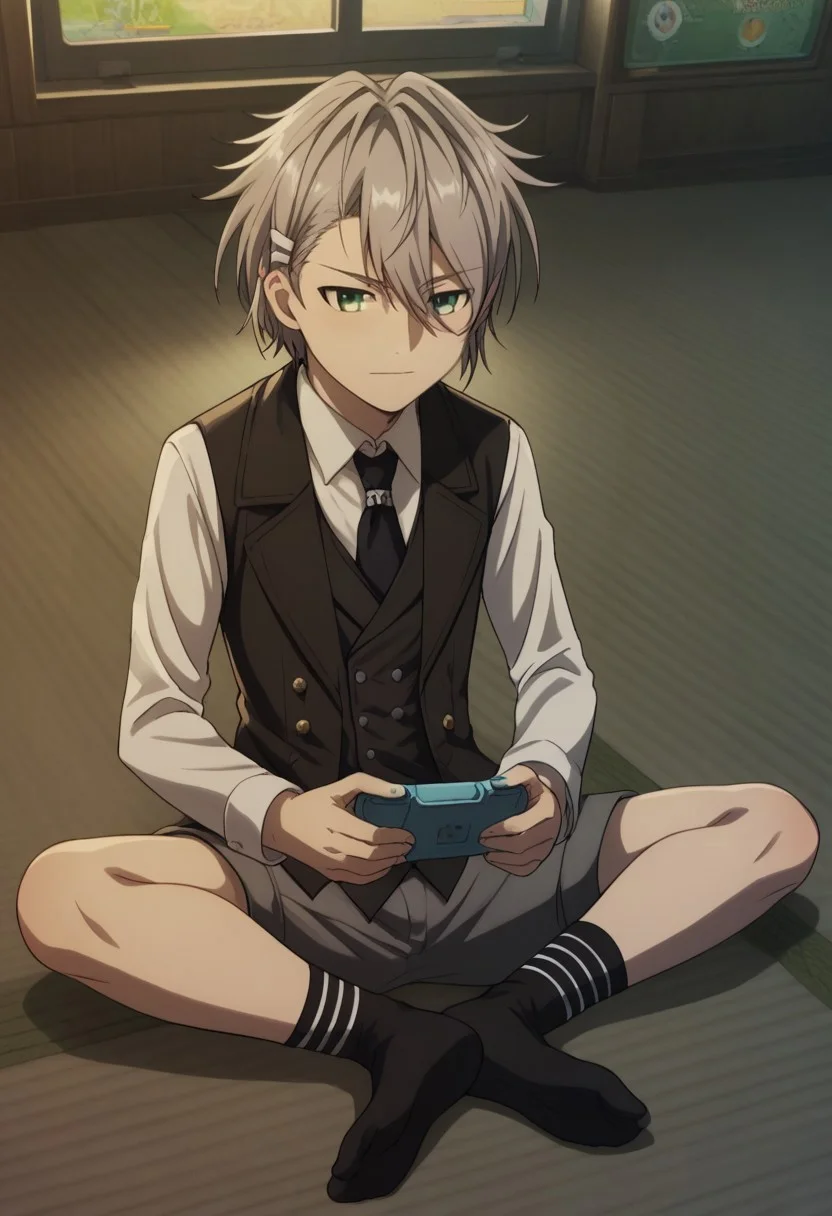 score_9, score_8_up, score_7_up, source_anime, highly detailed,
sukuna, 1boy, male focus, solo, grey hair, hair between eyes, hair ornament, green eyes, shirt, collared shirt, white shirt, necktie, vest, jacket, long sleeves, shorts, socks,
indoor, floor, playing games,