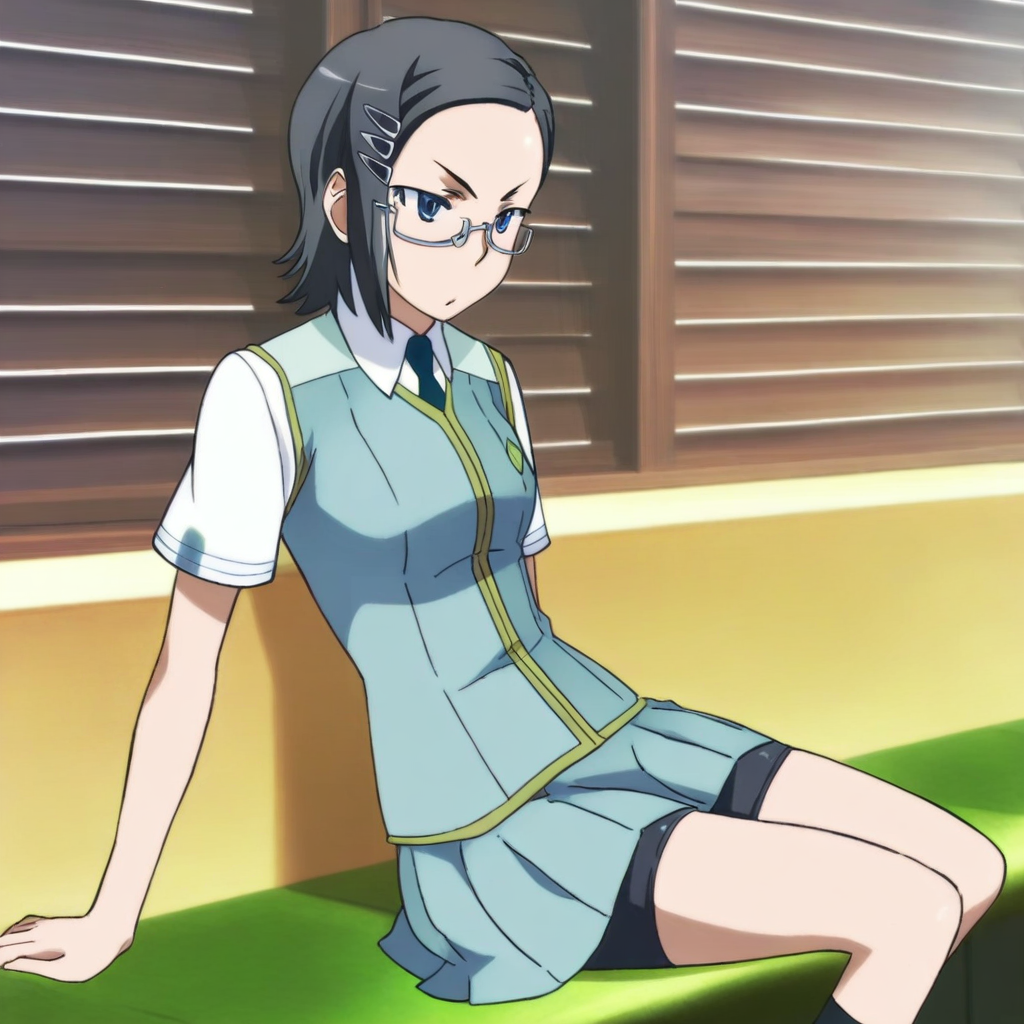 1girl, kotetsu katsura (character), glasses, black hair, blue eyes, short hair, semi-rimless eyewear, hair ornament, hairclip, small breasts, kotetsu uniform (outfit), school uniform, bike shorts, necktie, skirt, socks, short sleeves,