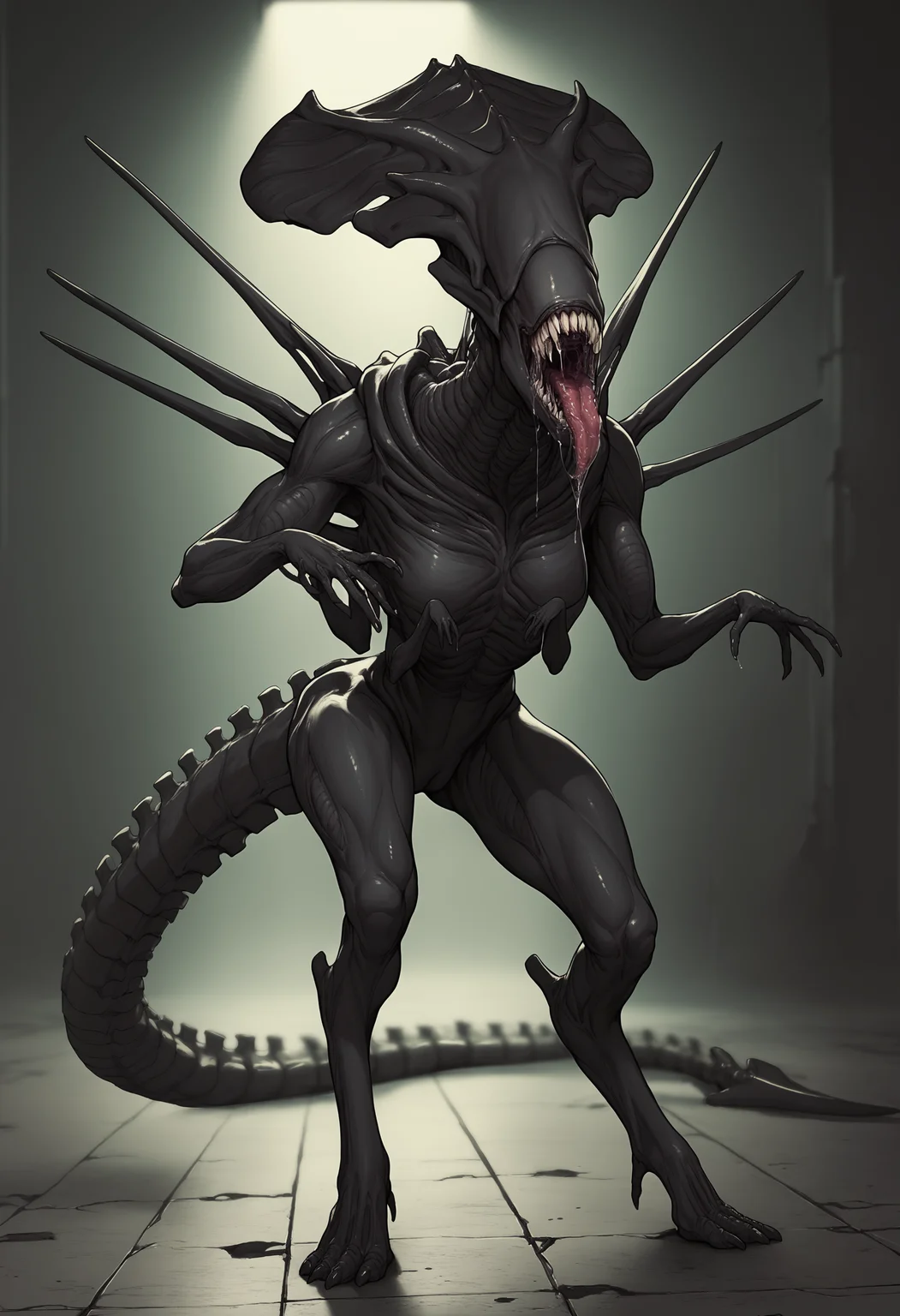 score_9, score_8_up, score_7_up, score_6_up, score_5_up, score_4_up, 1girl, <lora:XenomorphQueen:0.95> solo, teeth, sharp teeth, tongue, colored skin, muscular female, black skin, no eyes, tail, monster, saliva, drool, extra arms, standing, 
dark factory background, concrete floor, blurry background,